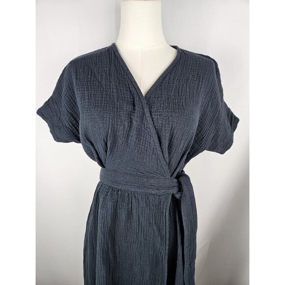 Marine Layer Valencia Black Gauze Wrap Dress Size Medium Midi Flowy Bohemian - Picture 4 of 13